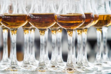 Yüksek bir bacak üzerinde markalı bardaklarda sevgili Scotch viski. Yeni viski tanıtımı