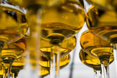 Yüksek bir bacak üzerinde markalı bardaklarda sevgili Scotch viski. Yeni viski tanıtımı