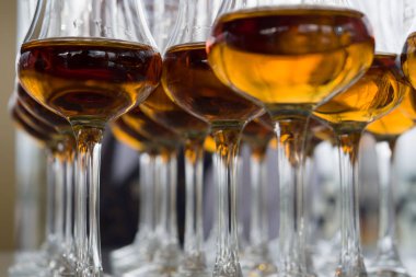 Yüksek bir bacak üzerinde markalı bardaklarda sevgili Scotch viski. Yeni viski tanıtımı