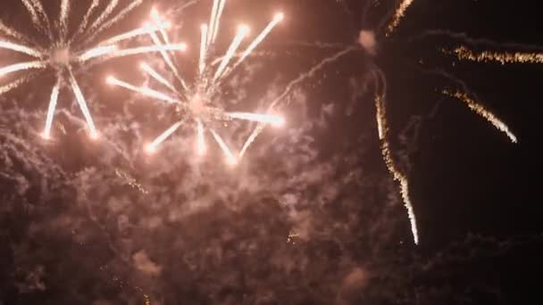 Heldere Salvo Van Vuurwerk Nachtelijke Hemel Stad Vakantie — Stockvideo