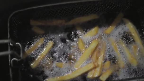 天ぷら鍋でフライド ポテトを調理します 沸騰オイルおよびゴールデン ポテト — ストック動画