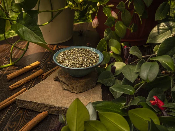 Измельченный травяной чай. В бирюзовой маленькой тарелке на камне. Коричные палочки — стоковое фото