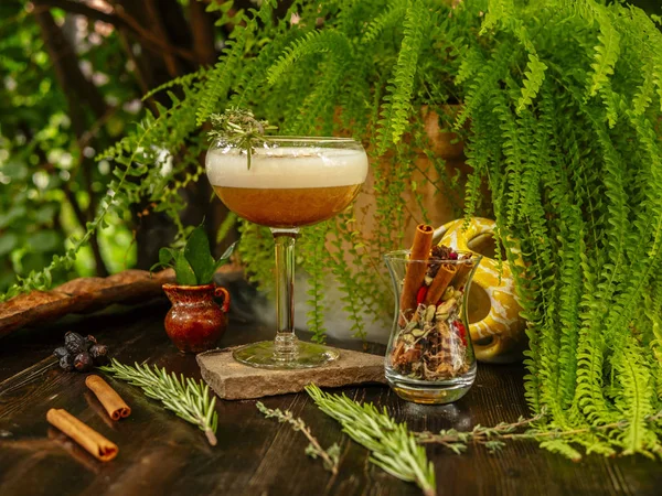 Brauner Cocktail in einem Glasbecher auf einem langen Bein. im tropischen Garten. auf einem flachen Stein. — Stockfoto
