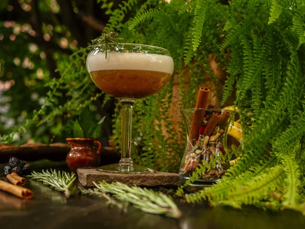 Cóctel marrón en una copa de cristal en una pierna larga. En el jardín tropical. En una piedra plana . —  Fotos de Stock