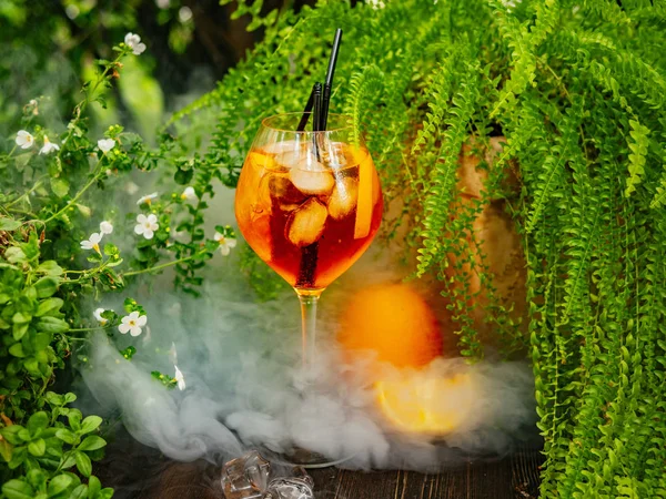 Orange aperol cocktail. On the summer terrace. Garden plants. Sunny day. Orange drink