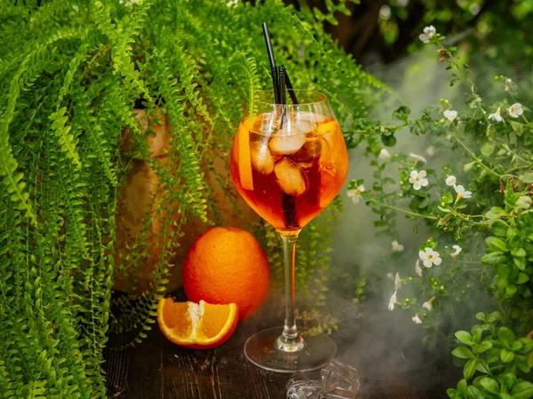 Cocktail d'apéro orange. Sur la terrasse d'été. Des plantes de jardin. Journée ensoleillée. Boisson à l'orange — Photo