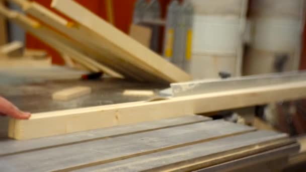 Trabalhador Uma Oficina Carpintaria Serrar Placas Uma Máquina — Vídeo de Stock