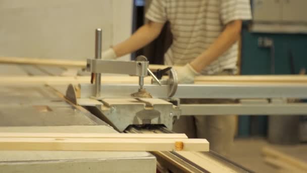 Werknemer Een Timmerwerk Workshop Zagen Planken Een Machine — Stockvideo