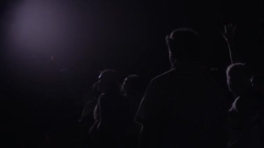 Müzik festivalinde dans eden bir kalabalık. Büyük salonda bir parti