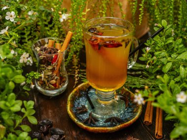 Tarçın çubuklu cam bir kadehte sıcak sıcak şarap. Bitki örtüsü