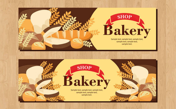 Bread, buns banner. Loaves in a round for bakery logo or fresh pastries advertising, bread, cookies, cakes, pastries, and pies shop. Vector flat style cartoon illustration isolated on white background