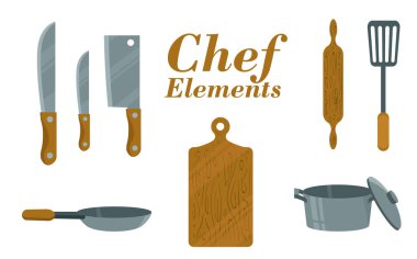 Set mutfak eşyaları vektör. Araçlar yemek düz stil. ekipman izole nesneleri yemek