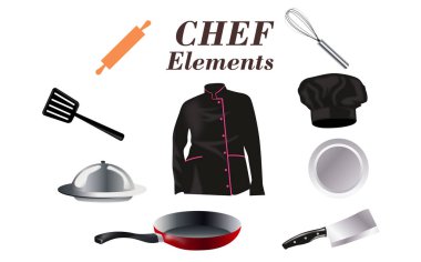 Mutfak eşyaları bir şef ile düz tasarım kavramı simgeler. Pişirme araçları ve mutfak ekipman, hizmet yemek ve gıda hazırlama elemanları. Şef ve aracı karakter. Beyaz simgeler kümesi