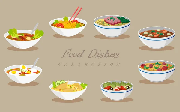 Коллекция пищевых продуктов. Вкусные супы и салаты. Векторная иллюстрация . — стоковый вектор