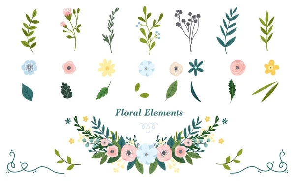 Coloridos Elementos Florales Dibujados Mano Ilustración Vectorial — Vector de stock