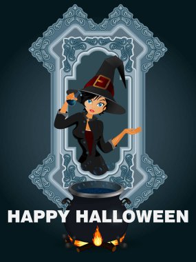 Cadılar Bayramı partisi davetiyesi cadı ile. Vektör çizim