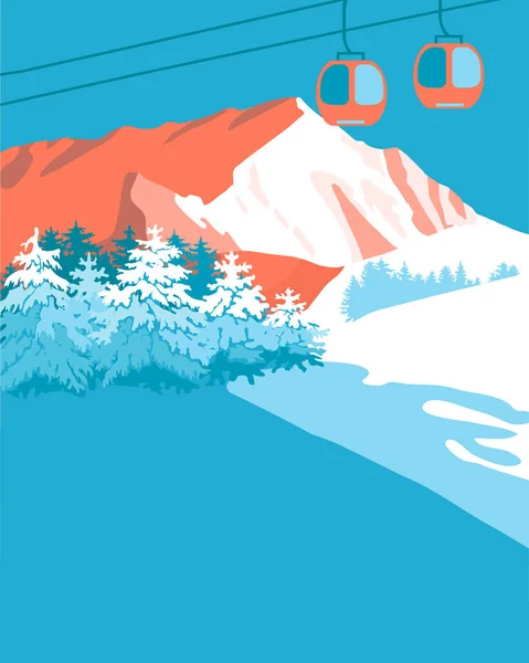 Fondo Del Teleférico Las Montañas Con Bosque Abetos — Vector de stock