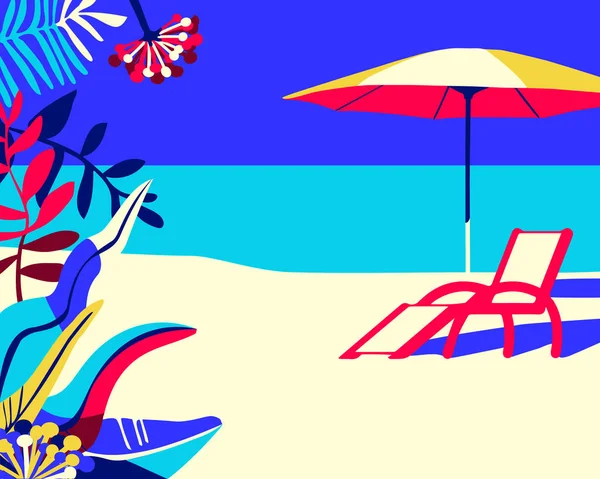 热带海滩背景与甲板椅子和海滩伞 — 图库矢量图片