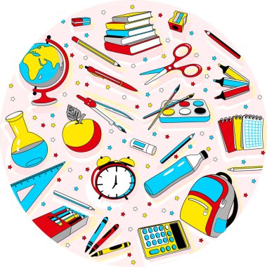 Okula geri kırmızı, mavi ve sarı arka plan yuvarlak