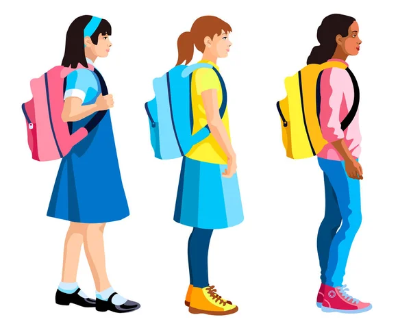 Three Isolated Figures Girls Standing School Backpacks — Stock Vector