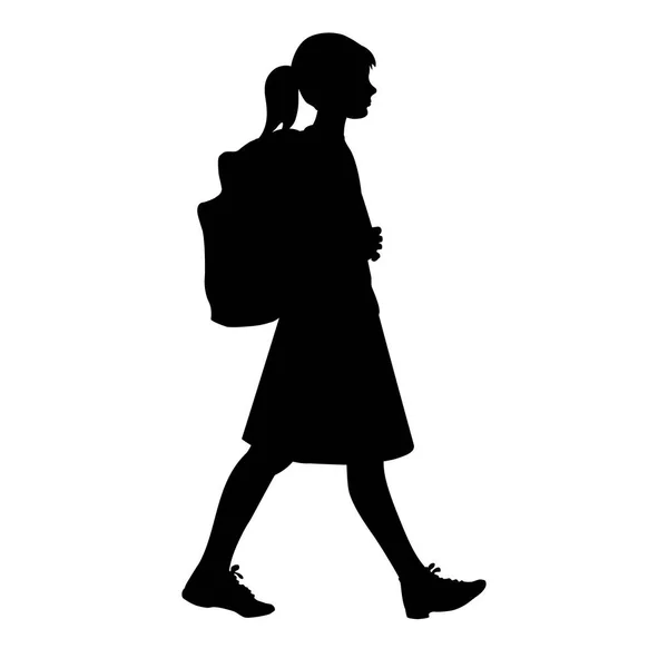 Bir Kız Okula Okul Sırt Çantası Ile Izole Silüeti — Stok Vektör