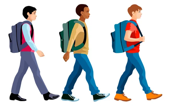 Çocuklar Okul Sırt Çantaları Ile Gidiş Izole Rakamlar — Stok Vektör