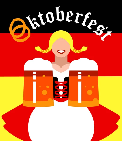 Oktoberfest Girl Mugs Beer Background Painted Colors German Flag — Stock Vector