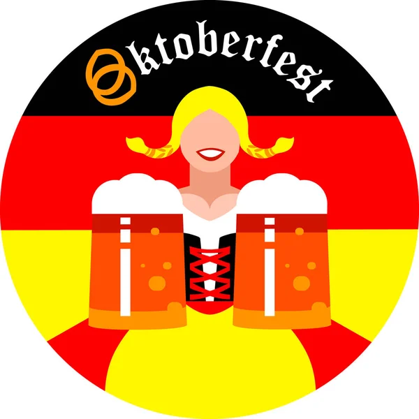 Sfondo Rotondo Con Oktoberfest Ragazza Con Tazze Birra — Vettoriale Stock