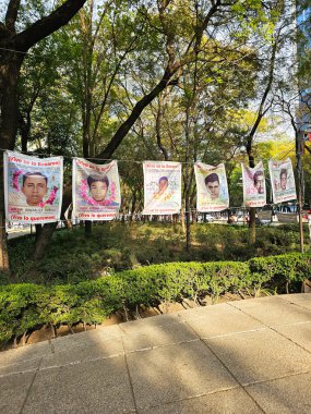Mexico City, Meksika - 31 Ocak 2024: Paseo de la Reforma 'daki gençlerin fotoğrafları Ayotzinapa, Guerrero' dan kaybolan 43 normalistanı bir gösteri ve hükümete iddia olarak hatırlıyor