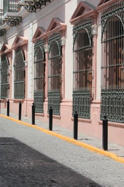 Monterrey şehir merkezindeki Nuevo Leon, Meksika 'nın başkenti Eski Şehir' deki koloni tarzı evlerin kapı ve pencereleri.