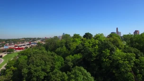 カンザス シティ スカイラインを明らかにするための木上遅い無人飛行 — ストック動画