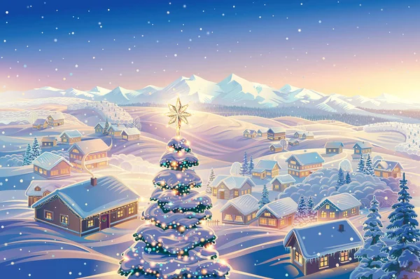 Festive winter landscape with a village in the background and festively decorated Christmas tree in the foreground. It illustration can be used as a Christmas holiday card.