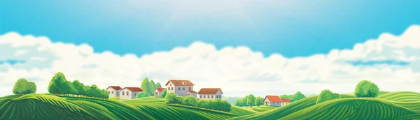 Rural Panoramic Landscape Village Hills Background Clouds — Stock Photo, Image
