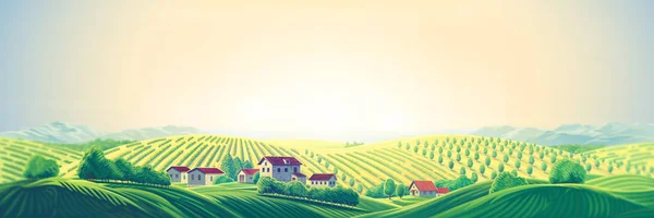 Bahçeler ve meyve ağaçları ile bir köy ve tepeler ile kırsal panoramik manzara 