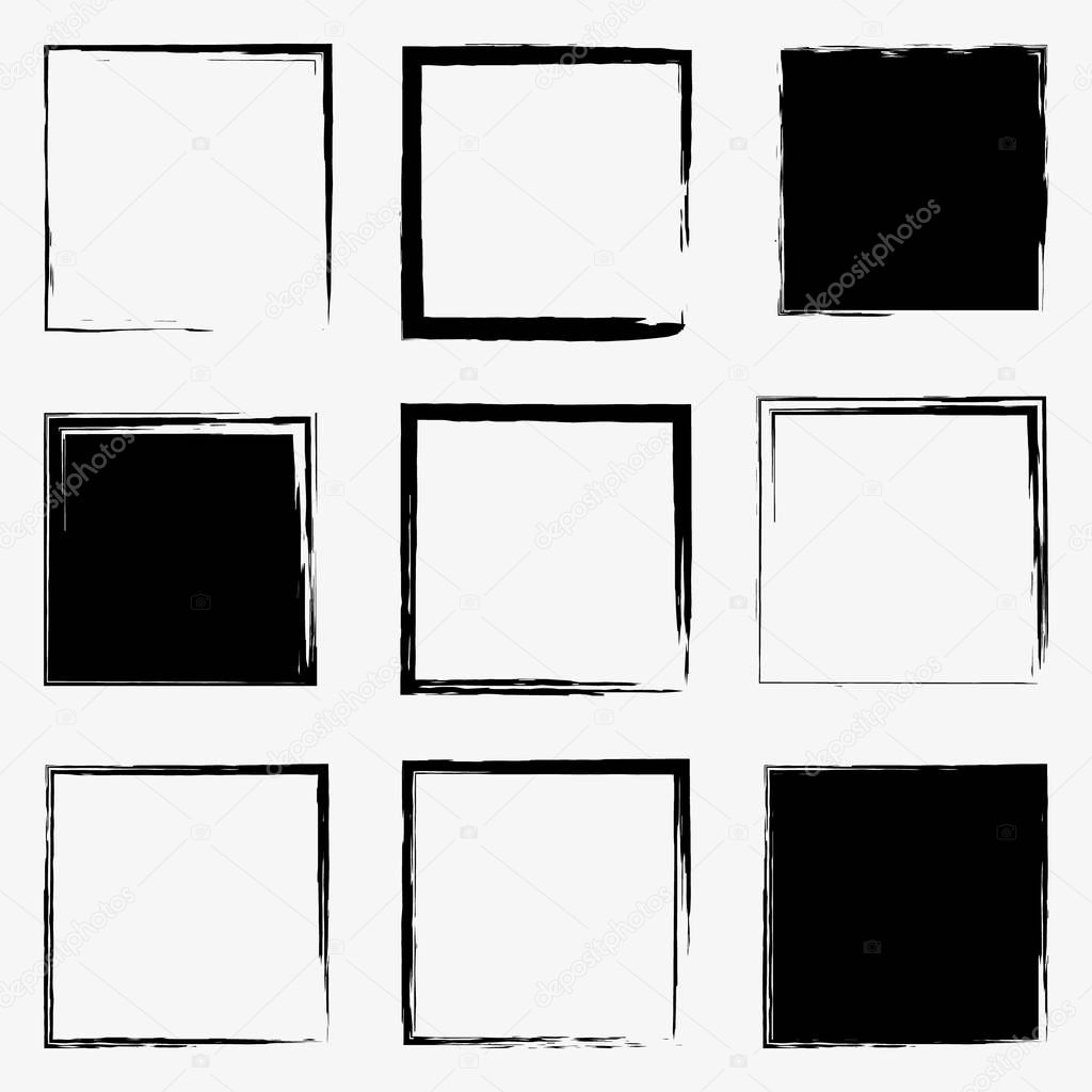 Set of grunge square frames, vector design elements, 9 square frames.