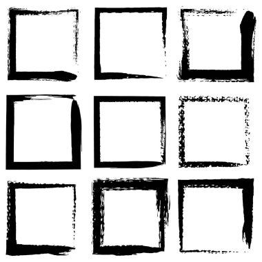 Beyaz arkaplanda izole edilmiş vektör kare grunge siyah çıkartmalar. Mürekkep fırçasıyla çizilmiş pürüzlü kenarları olan bir grup etiket. Vektör tasarım ögeleri, 9 kare çerçeve