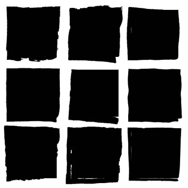 Beyaz arkaplanda izole edilmiş vektör kare grunge siyah çıkartmalar. Mürekkep fırçasıyla çizilmiş pürüzlü kenarları olan bir grup etiket. Vektör tasarım ögeleri, 9 kare çerçeve