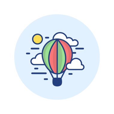 Sıcak hava balonları, bulutlar ve güneş mavi gökyüzünde uçuyor. Düz hatlı vektör illüstrasyonu. Seyahat kavramı