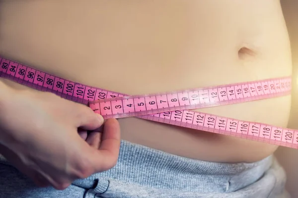 Woman Measuring Belly Fat Measuring Tape Weight Loss Process Exhausting — Stock Photo, Image