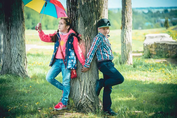 Crianças Estão Segurando Mãos Outro Andando Parque Verão Tarde Ensolarada — Fotografia de Stock