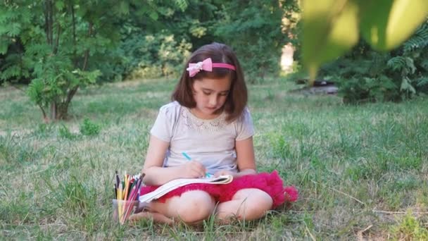赤いスカートの女の子アーティスト アルバム 森林公園で 芝生の上に座って鉛筆で画像を描画します — ストック動画