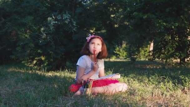 赤いスカートのアーティスト少女が公園の芝生の上に座って風景の描画を描画思いめぐらす — ストック動画