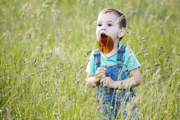 Мальчик Леденцом Палочке Руках Прогуливаясь Траве Парке Природе — стоковое фото