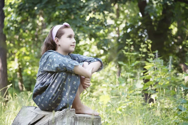 Little Girl Sitting Stump Forest Lost Child Portrait — Stock Photo, Image