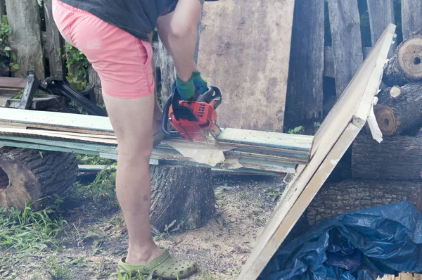 Man Running Chainsaw Summer Village — Stock Photo, Image