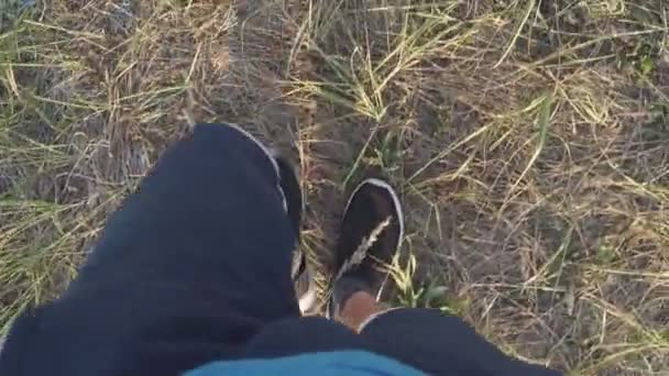 Voeten Lopen Langs Herfst Verschoten Droog Gras — Stockvideo