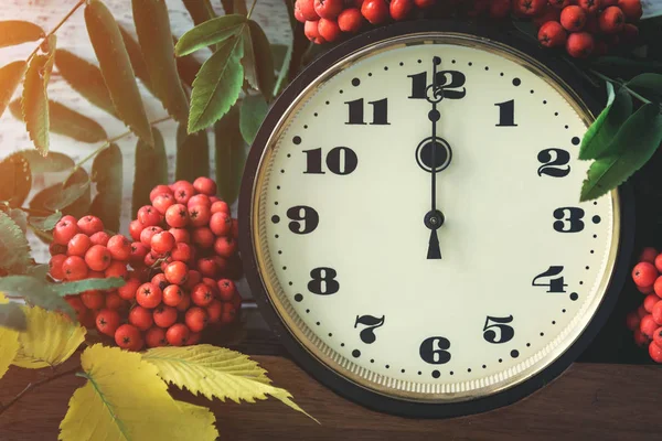 Autumn Composition Clock Cluster Mountain Ash Yellow Leaves Clock Time — Stock Photo, Image