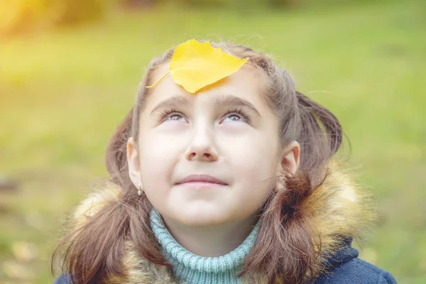 Дівчина Жовтим Листям Обличчі Посмішки — стокове фото