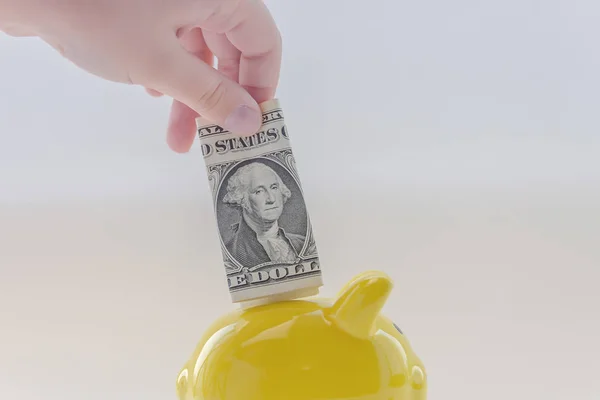 Hand Zet Een Dollar Piggy Bank Geldbeleggingen — Stockfoto