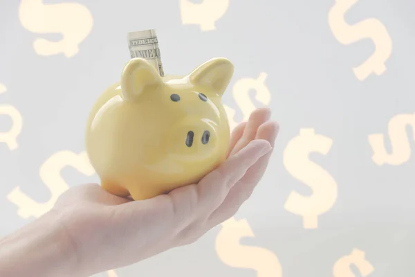 Piggy Bank Hand Tegen Achtergrond Van Dollartekens Dollar Stokken Uit — Stockfoto